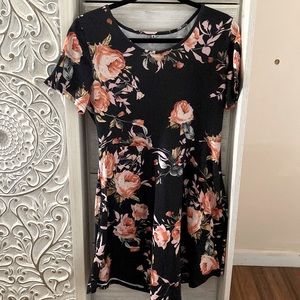 Floral print A line black dress